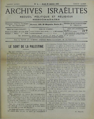 Archives israélites de France. Vol.76 N°04 (28 janv. 1915)